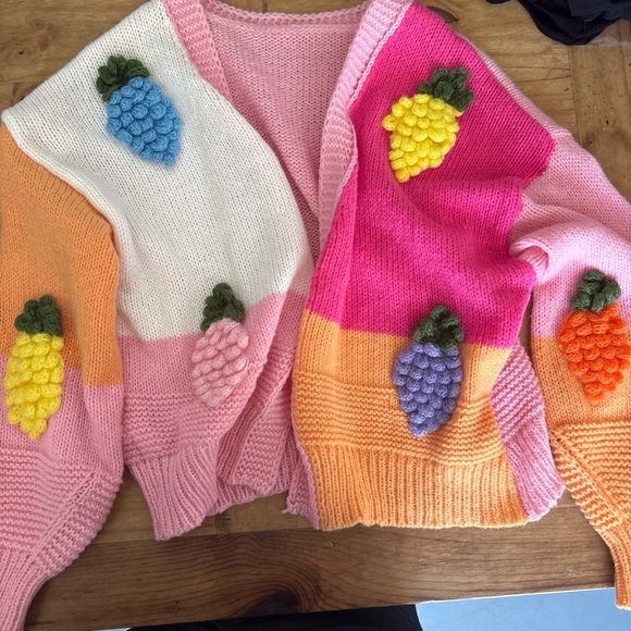 Sweaters - Colorblock Pink & Peach Knit Sweater with Fruit Appliqués